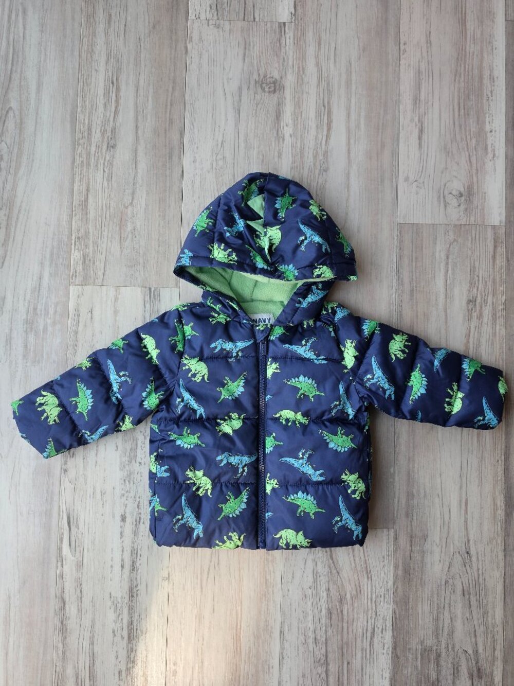 Old Navy Blue Dinosaur Quilted Puffer Jacket Coat size 6-12 months
